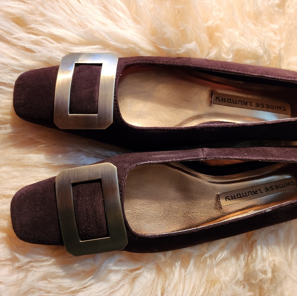 Chinese Laundry Women's Dark Brown Suede Flats with Brushed Gold Buckles